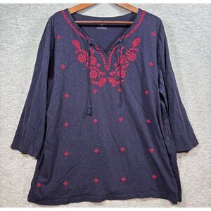 Talbots Womens Navy Tunic Embroidery 3/4 Sleeves Size 2X Patriotic